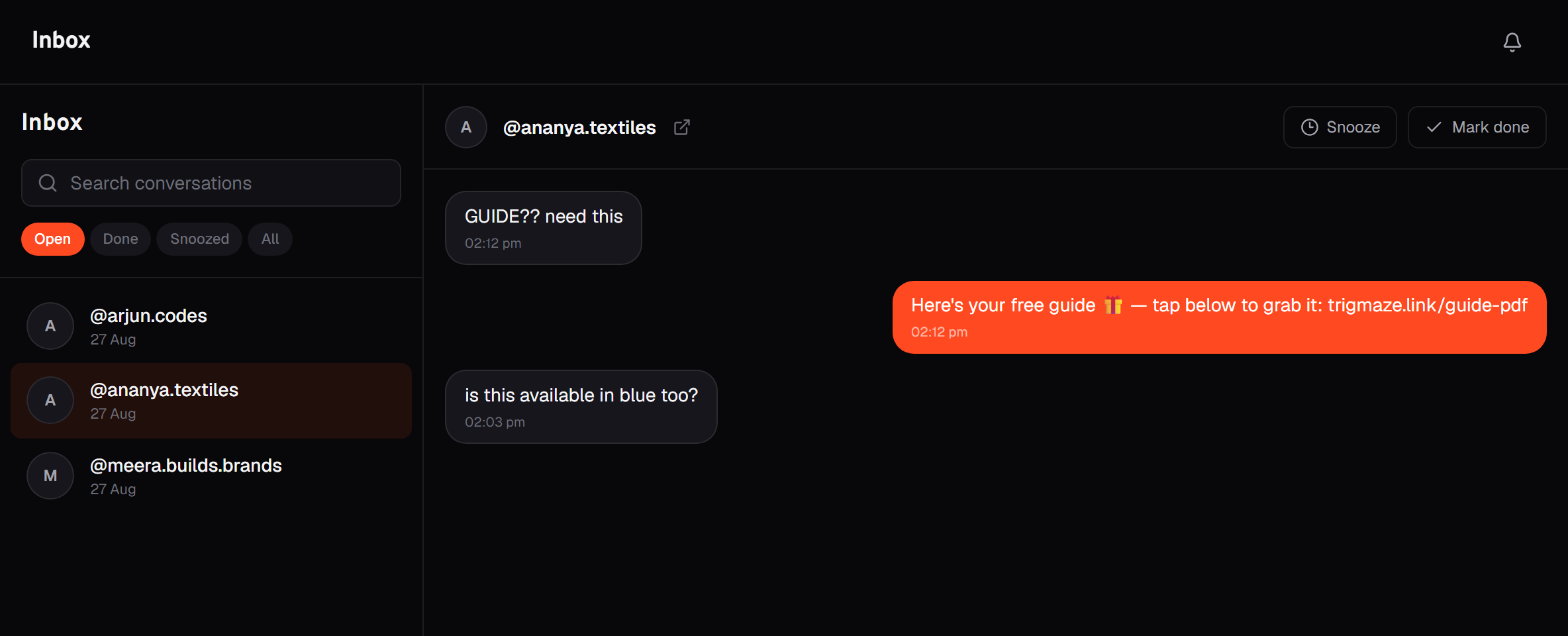The TRIGMAZE live inbox, open on a real conversation started by an automation